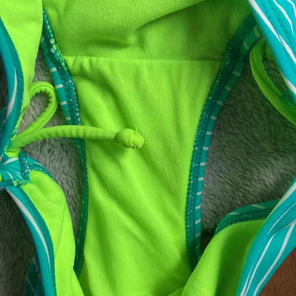 HULA HONEY💫Teal/Neon Yellow Striped 2 Piece String Bikini - Picture 9 of 12